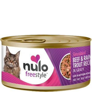 Nulo Freestyle Shredded Beef & Rainbow Trout Canned Cat Food 24Ea/3Oz - Pet Totality