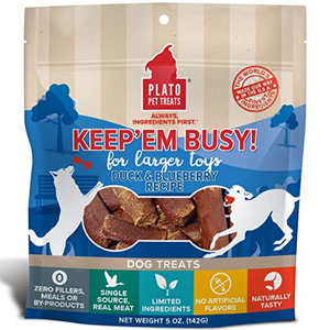 Plato Dog Keep 'Em Busy Duck & Blueberry Treats Large 5Oz - Pet Totality