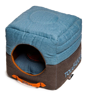 Touchdog Convertible and Reversible Vintage Printed Squared 2-in-1 Collapsible Dog House Bed - Pet Totality
