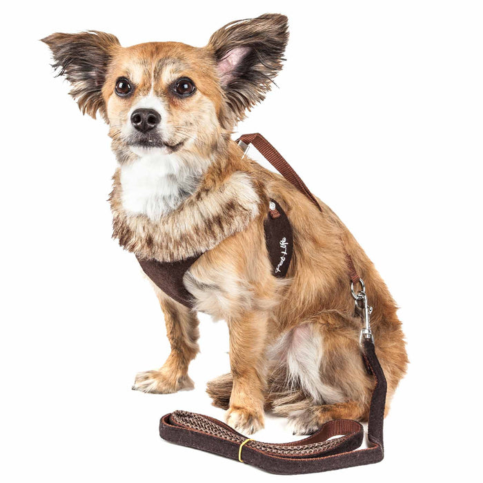 Pet Life ® Luxe 'Furracious' 2-In-1 Mesh Reversed Adjustable Dog Harness-Leash W/ Removable Fur Collar