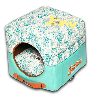 Touchdog Floral-Galore Convertible and Reversible Squared 2-in-1 Collapsible Dog House Bed - Pet Totality